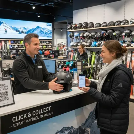Un employé de magasin de ski remet un casque à une cliente qui utilise le service Clic & Collecte sur son smartphone.