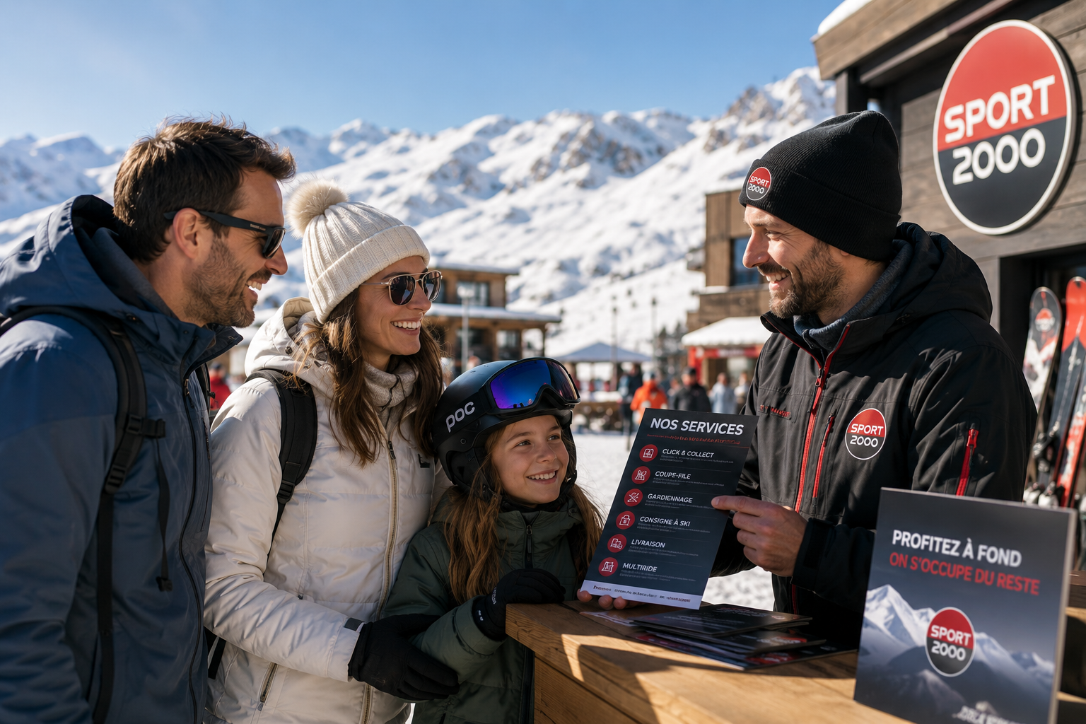 Une famille souriante discute avec un employé Sport 2000 devant un magasin de ski, avec des montagnes enneigées en arrière-plan.