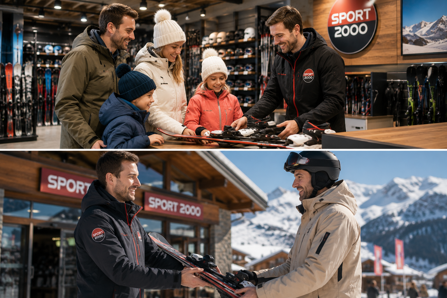 Location de skis Sport 2000 : une famille en magasin et un employé remettant des skis à un client en station de ski.