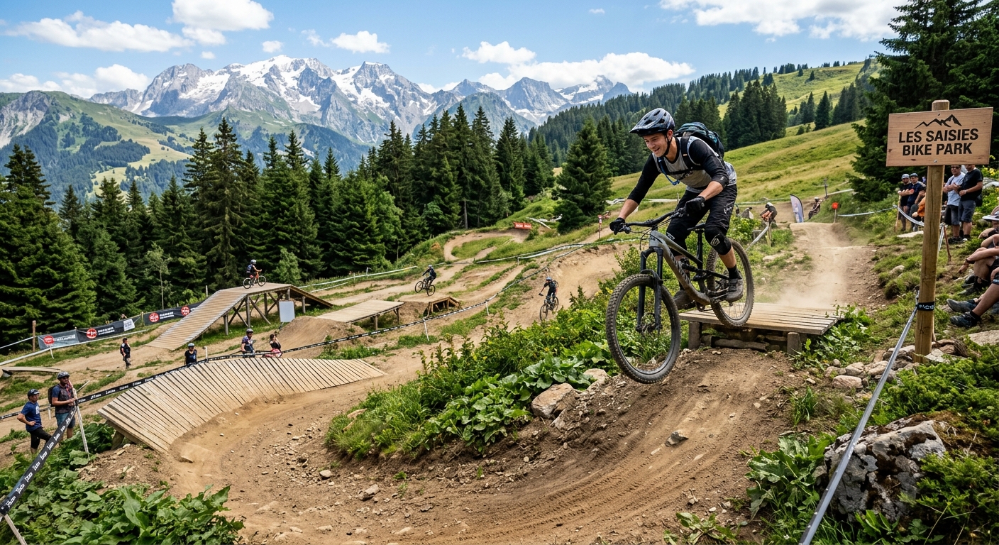 Un VTTiste saute sur une passerelle en bois au Bike Park des Saisies, montagnes alpines et forêts en arrière-plan sous un ciel bleu.