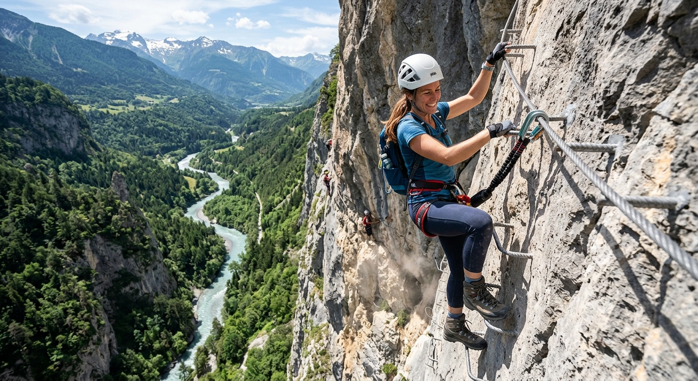 Femme souriante en via ferrata, grimpant une paroi rocheuse, avec une vallée verdoyante, une rivière et des montagnes enneigées en arrière-plan.