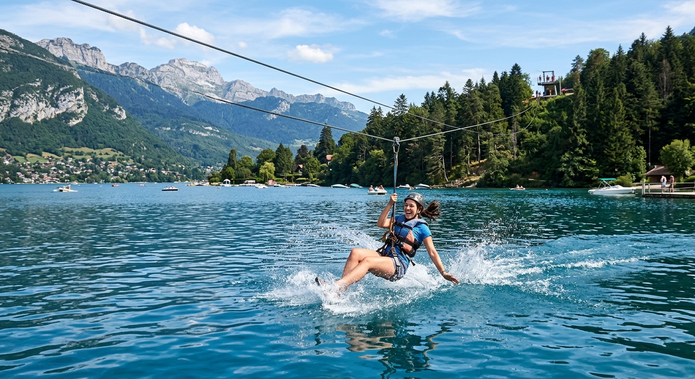 Jeune femme souriante en tyrolienne au-dessus d'un lac bleu, éclaboussant l'eau. Montagnes et forêt en arrière-plan sous un ciel ensoleillé.