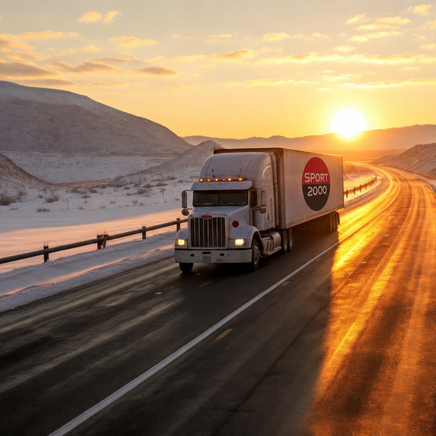 Un camion blanc Sport 2000 roule sur une route enneigée au coucher du soleil, reflétant l'orange du ciel.