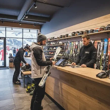 Un client remet des skis à un employé derrière le comptoir d'un magasin de location de skis. Casques et skis sont exposés, la neige est visible dehors.