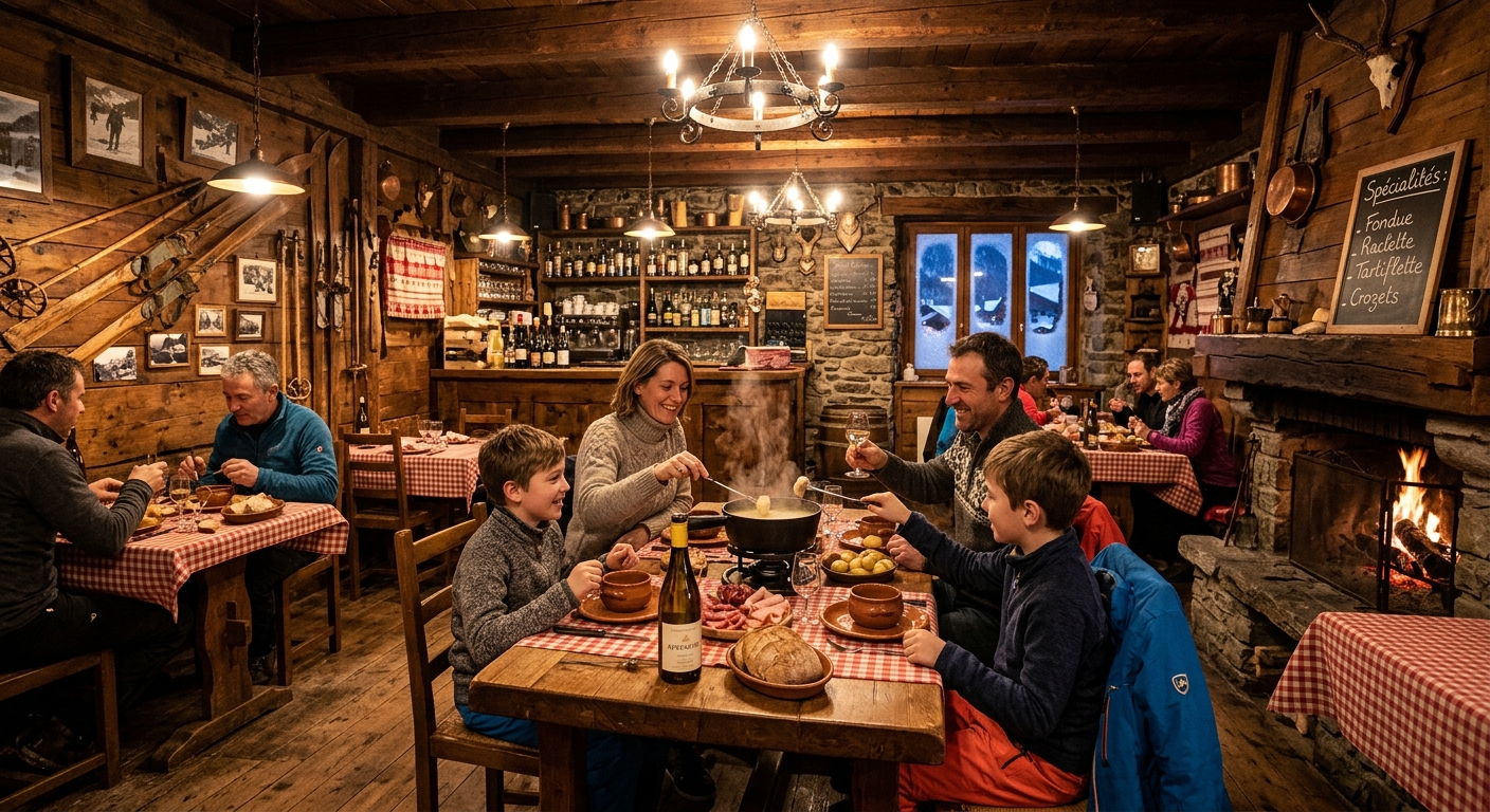 Ambiance chaleureuse dans un restaurant de montagne en bois où une famille partage une fondue près d'une cheminée allumée.