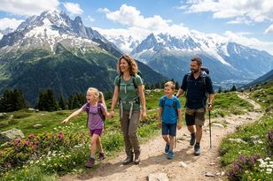 Famille souriante en randonnée sur un sentier de montagne, entourée de sommets enneigés, de forêts verdoyantes et de fleurs colorées sous un ciel bleu.