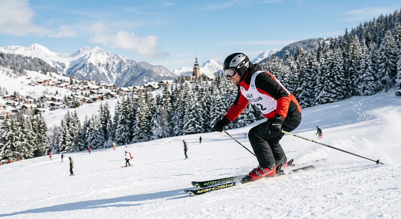 Skieur en veste rouge et noire dévalant une piste enneigée, avec un village de montagne, des sapins et des sommets enneigés en arrière-plan.