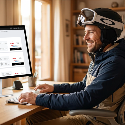 Un homme souriant en tenue de ski loue du matériel sur son ordinateur à la maison.