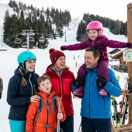 Famille souriante en tenue de ski à la montagne. Le père porte une fillette sur ses épaules, avec un garçon et une femme à côté. Télésièges et chalets en arrière-plan.