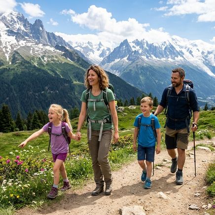 Famille souriante en randonnée sur un sentier de montagne, entourée de sommets enneigés, de forêts verdoyantes et de fleurs colorées sous un ciel bleu.