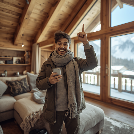 Un homme souriant en tenue d'hiver tient un smartphone et pointe le doigt vers le haut, dans un chalet en bois avec vue sur une montagne enneigée.