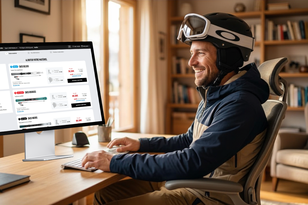 Un homme souriant en tenue de ski, casque et masque, regarde un écran d'ordinateur affichant un site de location de matériel de ski.