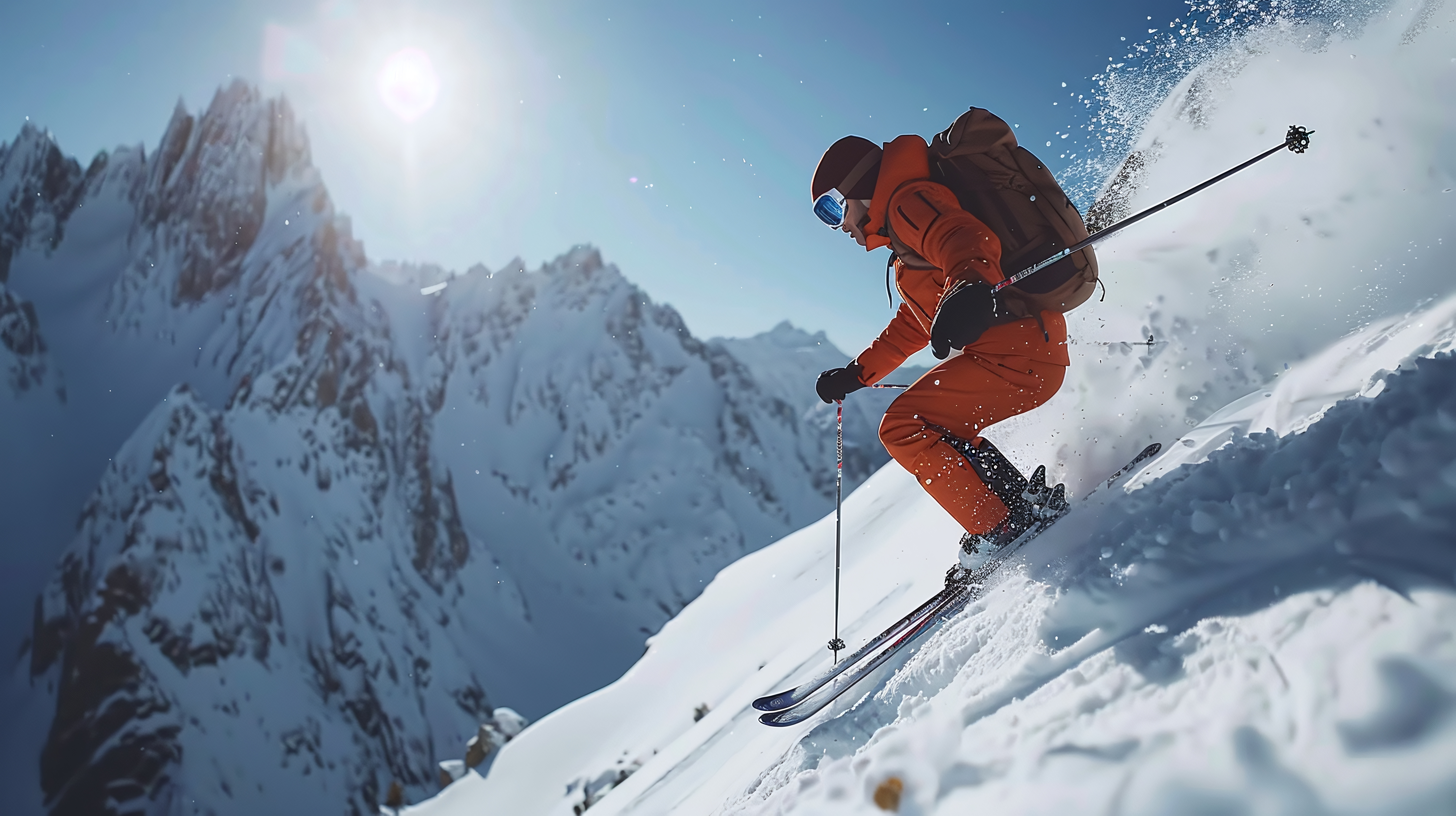 Un skieur en orange dévale une pente de poudreuse sous un soleil éclatant, avec des pics montagneux en arrière-plan.