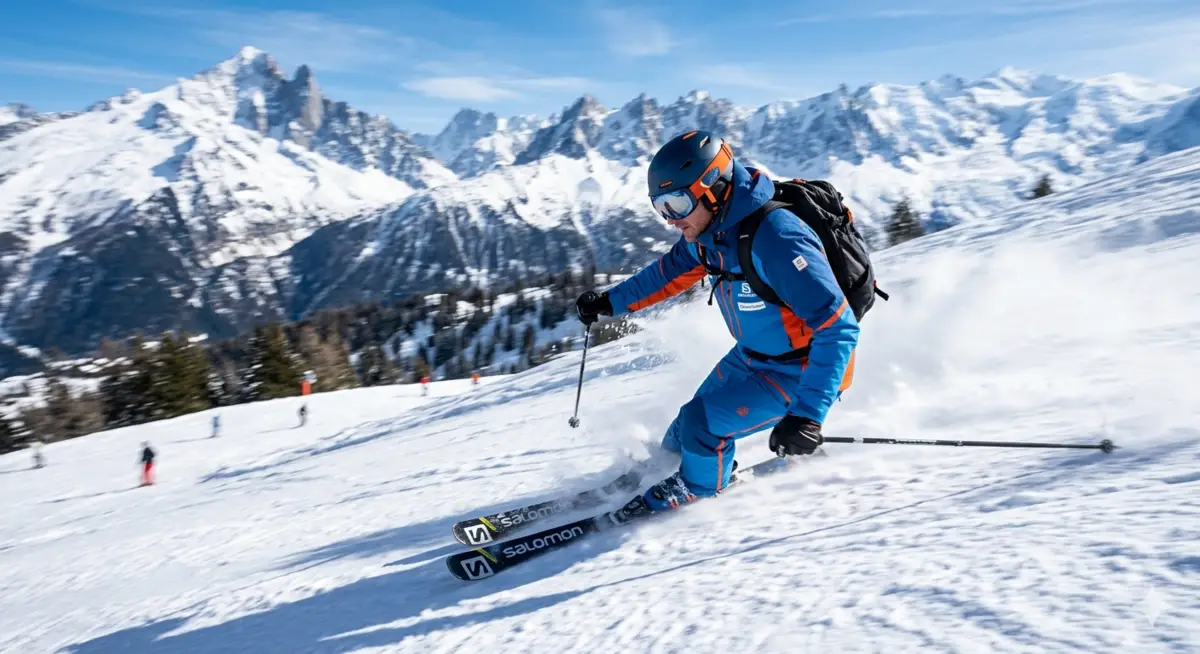 Un skieur en équipement bleu et orange fait un virage net sur une piste de montagne enneigée par temps clair.