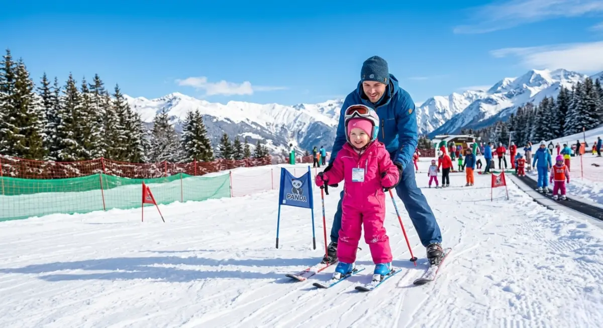 Enfant qui ski accompagné d'un adulte