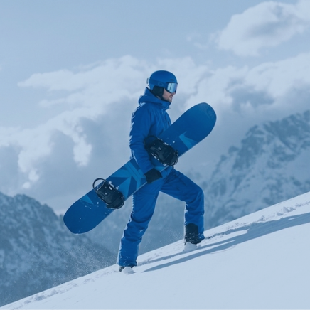 Un snowboarder en tenue bleue monte une pente enneigée, son snowboard à la main, avec des montagnes en arrière-plan.