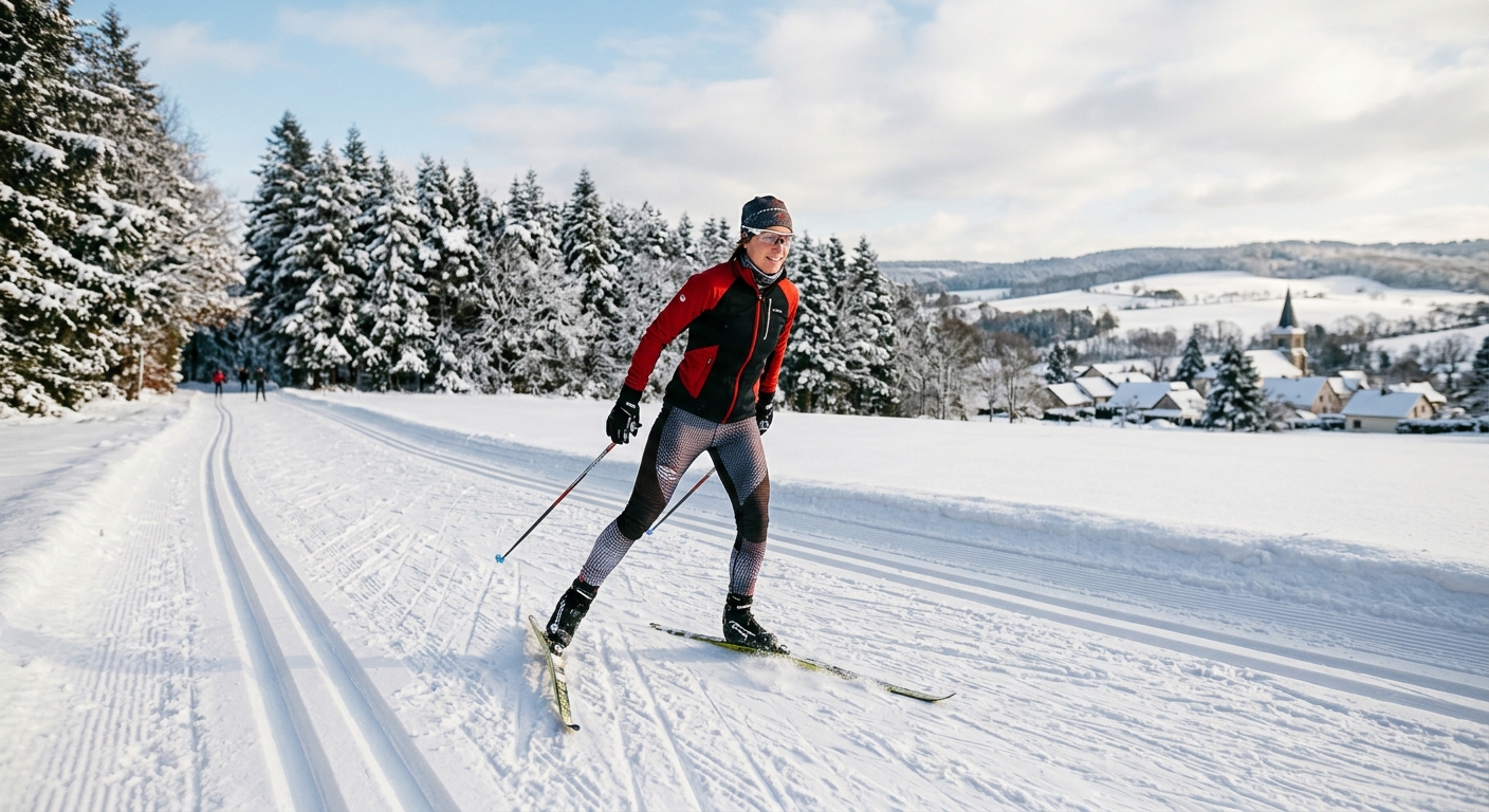 Une personne fait du ski de fond sur une piste enneigée, entourée de sapins et d'un village sous la neige en arrière-plan.