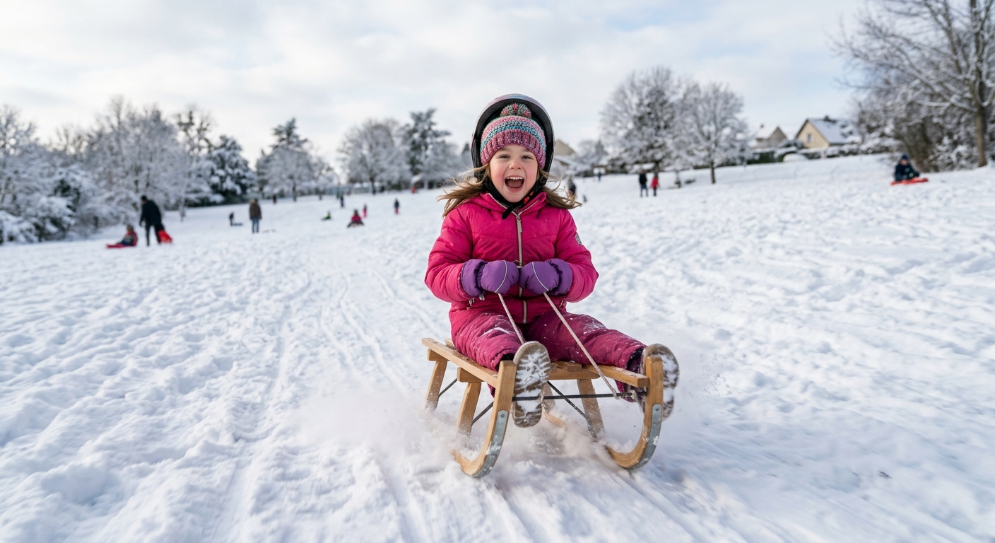 Jeune fille souriante en habit rose dévalant une pente enneigée sur une luge en bois, de la neige virevoltant autour d'elle.