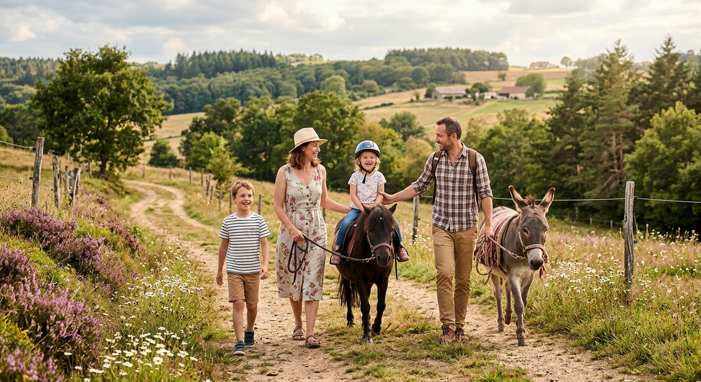 Famille joyeuse se promène sur un chemin de campagne. Un enfant est à poney, un autre à pied, et un âne les accompagne.